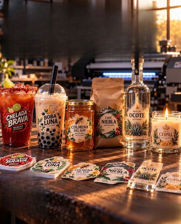 Bebidas, miel, café y mezcal con etiquetas DTF UV sobre una barra