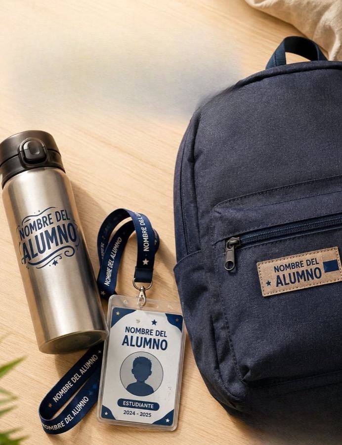 Kit escolar con termo, credencial y etiqueta de mochila con el nombre del alumno