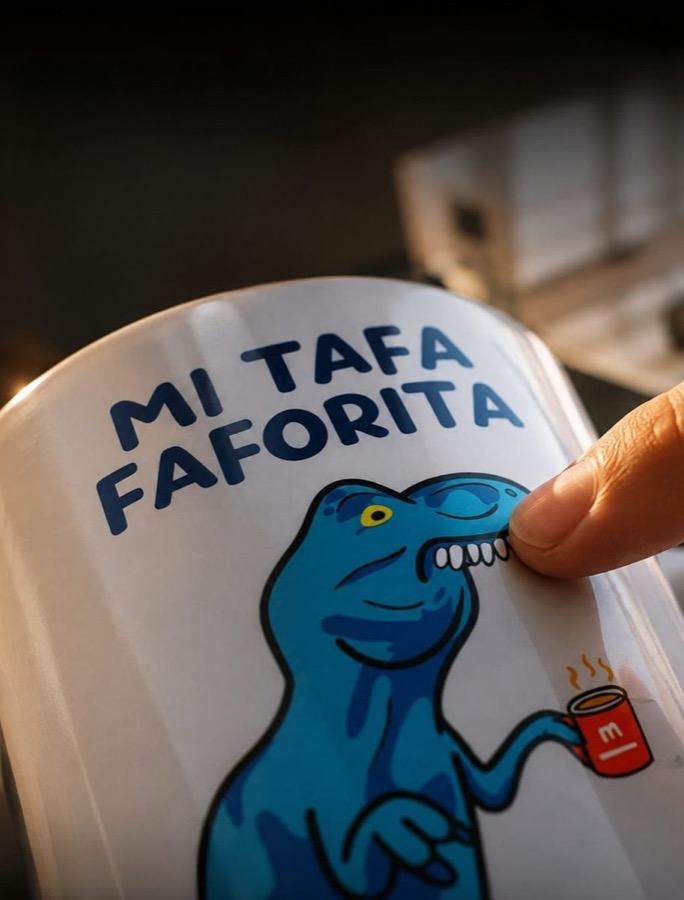 Taza blanca sublimada con un dinosaurio y la frase Mi tafa faforita