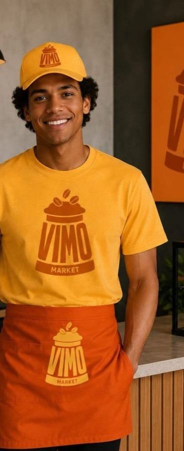 Empleado de restaurante con playera, mandil y gorra con el logo del negocio